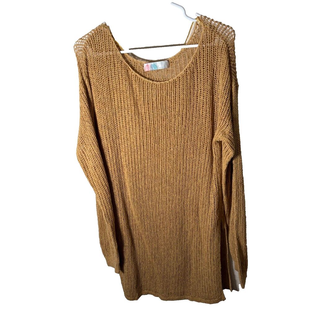 FP Beach Sweater Women's Large Brown Open Knit Pullover Tunic Round Neck Casual